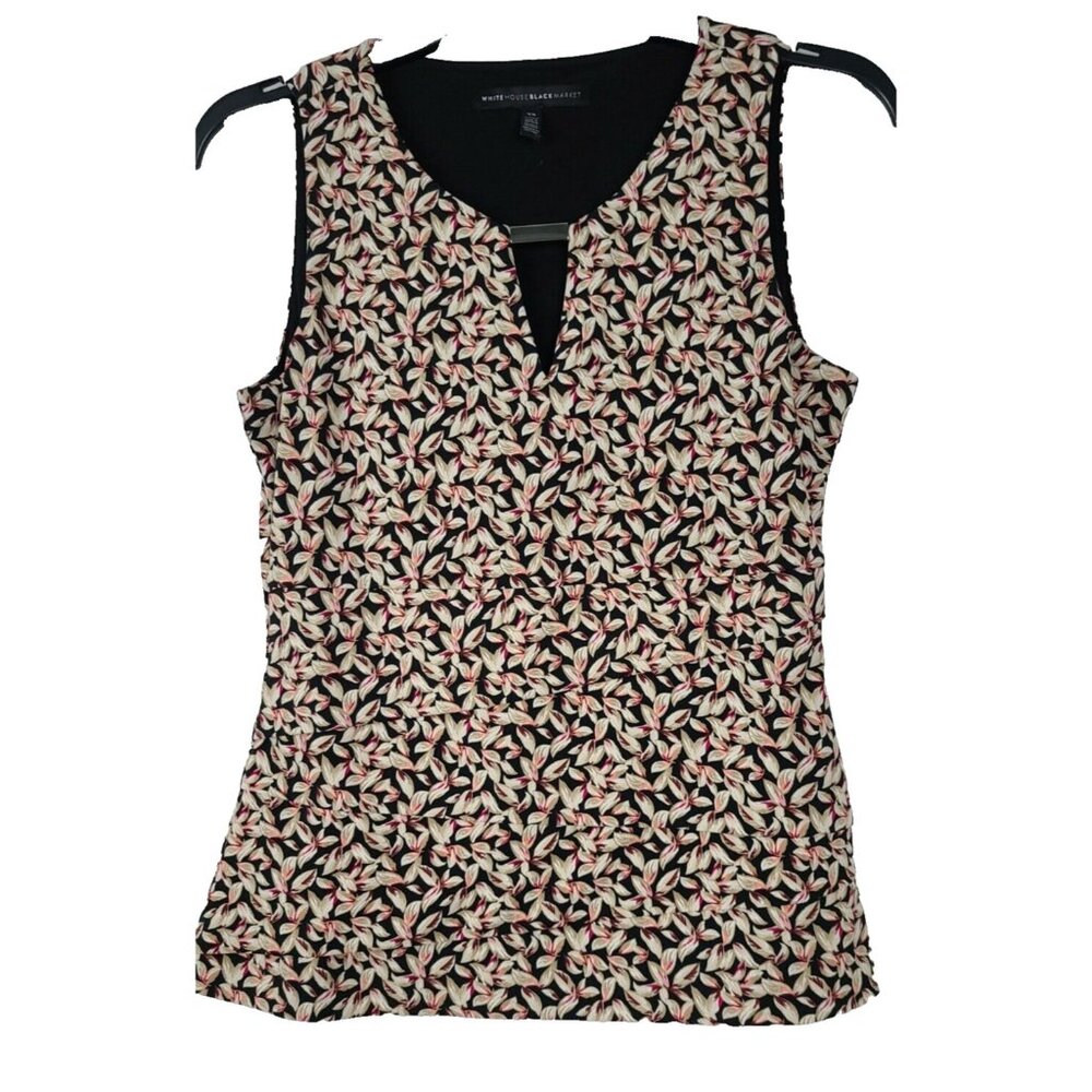 White House Black Market Womens Sleeveless Top XS Black Pink Floral Flat Ruffle